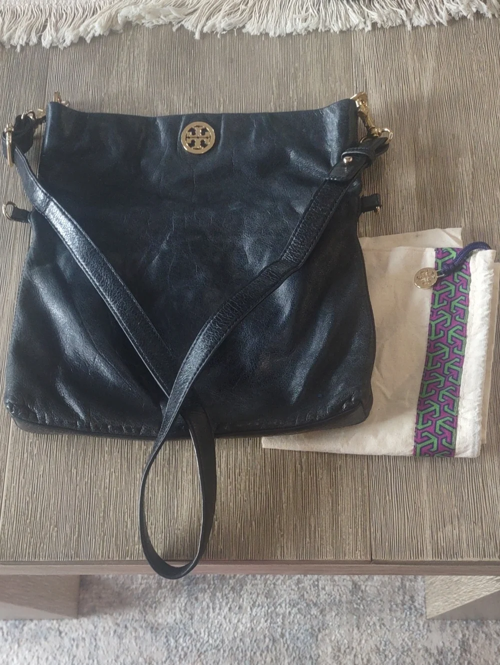 Tory Burch Black Leather Fold-Over/Convertible Crossbody with Gold Tone Logo